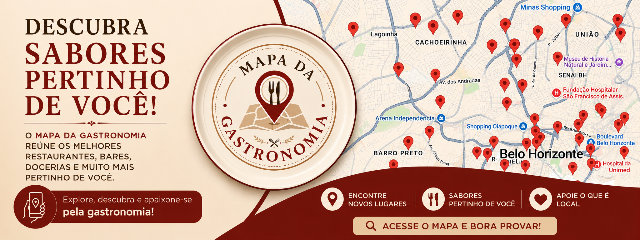 Frame 731 (1200) Banner Mapa da Gastronomia com mapa de Belo Horizonte